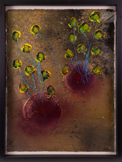 Dale Chihuly, Dark Rust Ikebanas with Cyan Stems - Signed Original Burned Black Painting