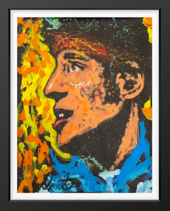 Large-scale original oil painting by Denny Dent titled 'Bruce Springsteen', measuring 70 inches by 53 inches, created circa 1990s. The artwork features a close-up of Bruce Springsteen's face against a dramatic black background, rendered in bold, vibrant hues of yellow, orange, and blue. Dynamic, expressive brushstrokes and saturated colors convey the musician's raw energy and charisma, pulsing with the rhythm of rock and roll. The painting is stamped, hand-titled, and accompanied by a Denny Dent Certificate