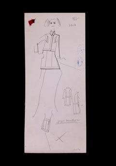 Karl Lagerfeld Original Fashion Sketch Ink Drawing with Fabric Swatch 917 Lela