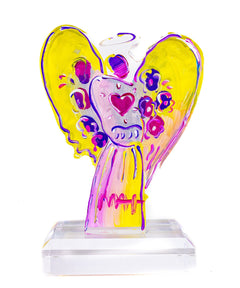Peter Max, Angel With Heart - acrylic sculpture with bright yellow wings, pink and purple accents