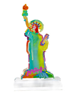 Peter Max, Statue of Liberty - Colorful, abstract sculpture featuring vibrant brushstrokes in red, yellow, green, blue, and purple, mounted on a clear base.