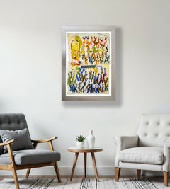 Purvis Young's *Untitled (Angel, Horses, and People)*, a vibrant diptych oil painting on conjoined paper sheets, blends vivid yellows and blues with gestural figures, horses, and angels, symbolizing freedom and spiritual strength.
