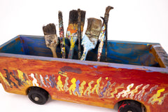 Purvis Young Original Bus and Seven Brushes Sculpture Rare Hand Painted Mixed Media