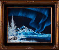 Signed Original Blue Alaskan Mountain Scene with Cabin and Northern Lights Contemporary Art