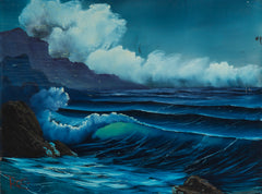 Signed Original Blue Ocean with Mountain Background Contemporary Art Painting