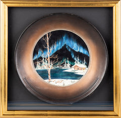 Authentic Original Oil Pan Painting Alaska Cabin Mountain Scenes