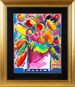 Original Painting over Lithograph "Flowers", thick acrylic strokes by the artist