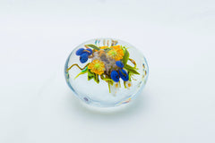Original Glass Paperweight with Yellow Flowers, Blueberries, and Honeybee