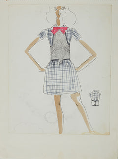 Karl Lagerfeld Original Fashion Sketch Ink Drawing with Watercolor