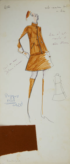 Karl Lagerfeld Original Fashion Sketch Ink Pen and Marker with Fabric Drawing 412 Contemporary Art