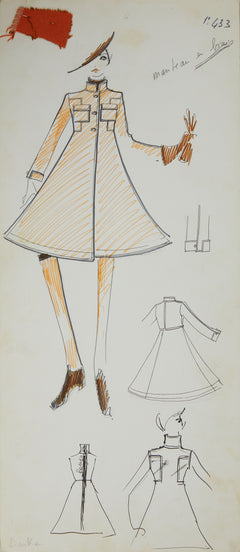 Karl Lagerfeld Original Fashion Sketch Ink Pen with Marker and Fabric Drawing 433 Contemporary Art