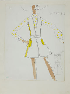Karl Lagerfeld Original Fashion Sketch Ink Drawing with Watercolor T-579 Bis