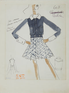 Karl Lagerfeld Original Fashion Sketch Ink Drawing with Watercolor 607 Contemporary Art