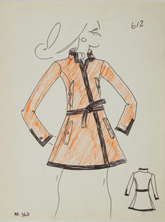 Karl Lagerfeld Original Fashion Sketch Ink Drawing with Marker 612 Contemporary