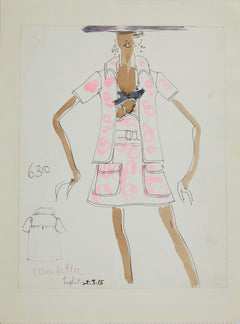 Karl Lagerfeld Original Fashion Sketch Ink Drawing with Watercolor 630