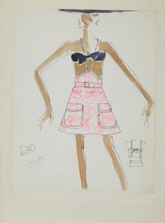 Karl Lagerfeld Original Fashion Sketch Ink Drawing with Watercolor 630-2