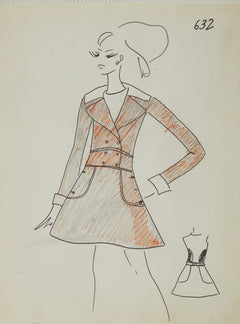 Karl Lagerfeld Original Fashion Sketch Ink Drawing with Marker 632 Contemporary