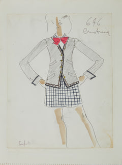 Karl Lagerfeld Original Fashion Sketch Ink Drawing with Watercolor 646