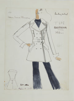 Karl Lagerfeld Original Fashion Sketch Ink Drawing with Watercolor T-578 Contemporary Art