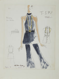 Karl Lagerfeld Original Fashion Sketch Ink Drawing with Watercolor T-578-2 Contemporary Art