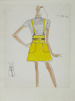 Karl Lagerfeld Original Fashion Sketch Ink Drawing with Watercolor T-580 Bis Contemporary Art