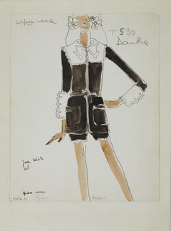 Karl Lagerfeld Original Fashion Sketch Ink Drawing with Watercolor T-590