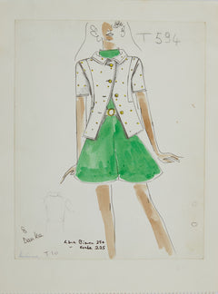 Karl Lagerfeld Original Fashion Sketch Ink Drawing with Watercolor T-594 Contemporary Art