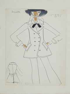 Karl Lagerfeld Original Fashion Sketch Ink Drawing with Watercolor T-595