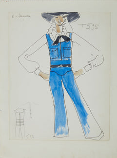 Karl Lagerfeld Original Fashion Sketch Ink Drawing with Watercolor T-595, T-12