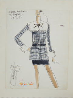 Karl Lagerfeld Original Fashion Sketch Ink Drawing with Watercolor T-615