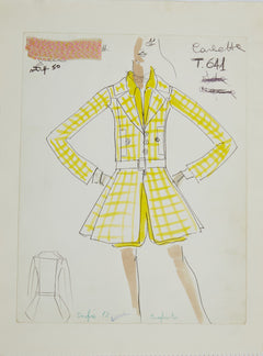 Karl Lagerfeld Original Fashion Sketch Ink Drawing with Watercolor with Fabric T-641 Contemporary Art