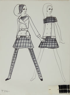 Karl Lagerfeld Original Fashion Sketch Ink Drawing with Marker and Fabric T-716