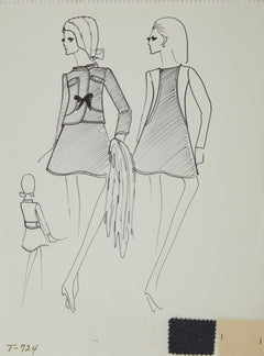 Karl Lagerfeld Original Fashion Sketch Ink Drawing with Fabric T-724