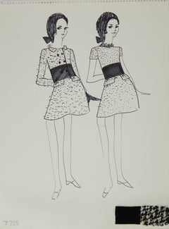 Karl Lagerfeld Original Fashion Sketch Ink Drawing with Fabric T-725