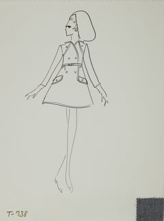 Karl Lagerfeld Original Fashion Sketch Ink Drawing with Fabric T-738