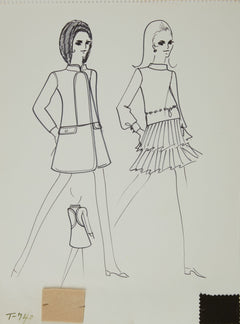 Karl Lagerfeld Original Fashion Sketch Ink Drawing with Fabric T-740