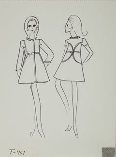 Karl Lagerfeld Original Fashion Sketch Ink Drawing with Fabric T-751
