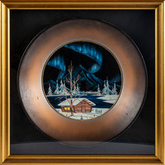 Signed Original Alaskan Northern Lights and Mountain Cabin Painting on Velvet inside Gold Pan Contemporary Art