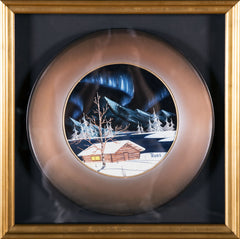 Authentic Original Oil Pan Painting Alaska Cabin Mountain Scenes