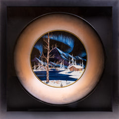 Bob Ross Signed Original Alaskan Northern Lights and Mountain Cabin Painting on Velvet inside Gold Pan