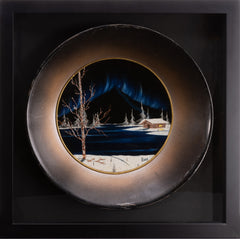 Bob Ross Original Signed Velvet on Gold Pan Northern Lights Alaskan Cabin Mountain Scene<br><br>We buy Bob Ross paintings, immediate cash offer