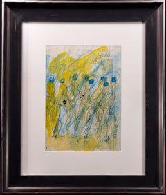 Purvis Young Signed Original Crayon and Ink Dual-Sided Yellow and Blue Figurative Drawing Contemporary Art