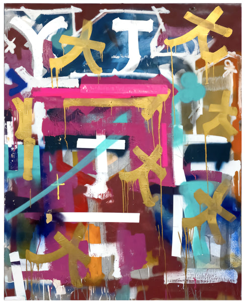 RETNA, original acrylic painting (60" x 48"), showcasing vibrant, layered calligraphic abstraction with dynamic color and texture