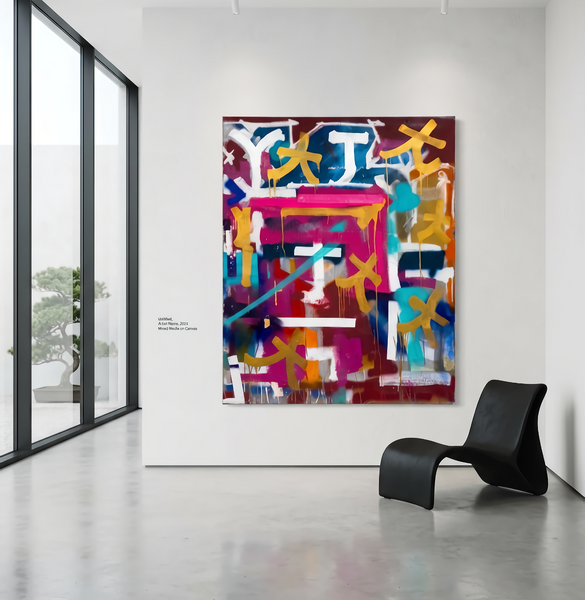 RETNA, original acrylic painting (60" x 48"), showcasing vibrant, layered calligraphic abstraction with dynamic color and texture