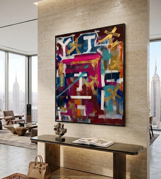 RETNA, original acrylic painting (60" x 48"), showcasing vibrant, layered calligraphic abstraction with dynamic color and texture