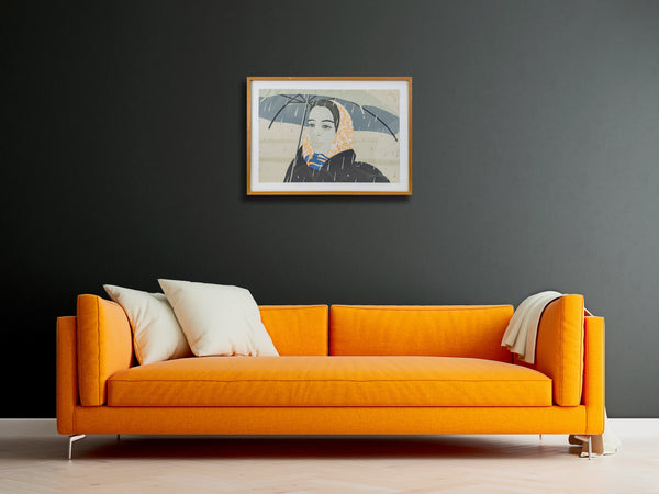 Alex Katz's, Blue Umbrella - a 1978 lithograph on Arches paper, showcases his signature style with clean lines, minimal detail, and bold color contrasts