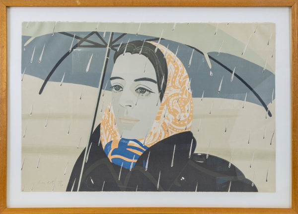 Alex Katz's, Blue Umbrella - a 1978 lithograph on Arches paper, showcases his signature style with clean lines, minimal detail, and bold color contrasts
