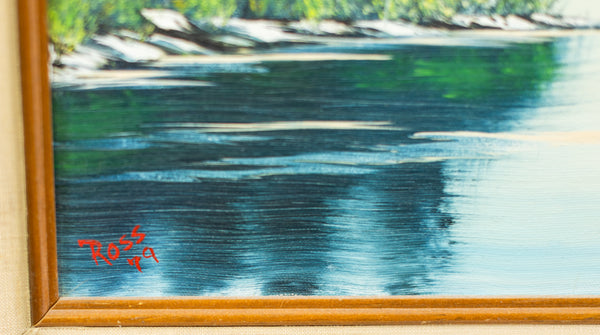 Original 1983 Bob Ross oil painting (18x24) featuring a serene mountain and lake landscape in his signature wet-on-wet style, signed and authenticated