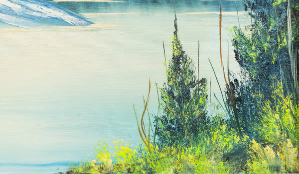 Original 1983 Bob Ross oil painting (18x24) featuring a serene mountain and lake landscape in his signature wet-on-wet style, signed and authenticated
