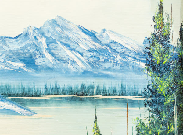 Original 1983 Bob Ross oil painting (18x24) featuring a serene mountain and lake landscape in his signature wet-on-wet style, signed and authenticated